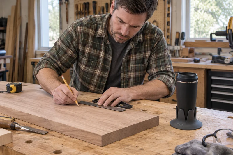 Adult marking measurements on unpowered woodworking bench with open narrow-base reusable coffee cup in Steadi on clear actual workbench area outside marking and tool paths. AI illustration.